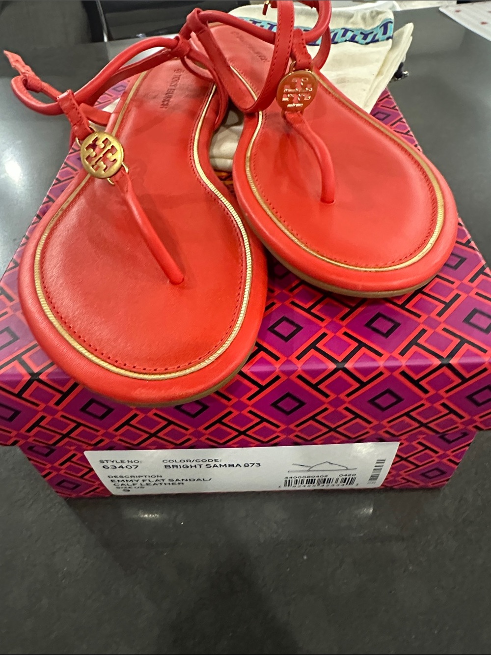 Tory Burch Bright Samba Red Leather Miller Thong Sandals with Gold Logo.